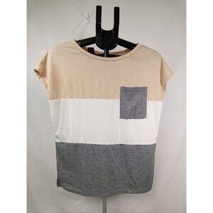 Mirol Women's White, Tan, and Grey Short Sleeve Shirt/Top Size Medium